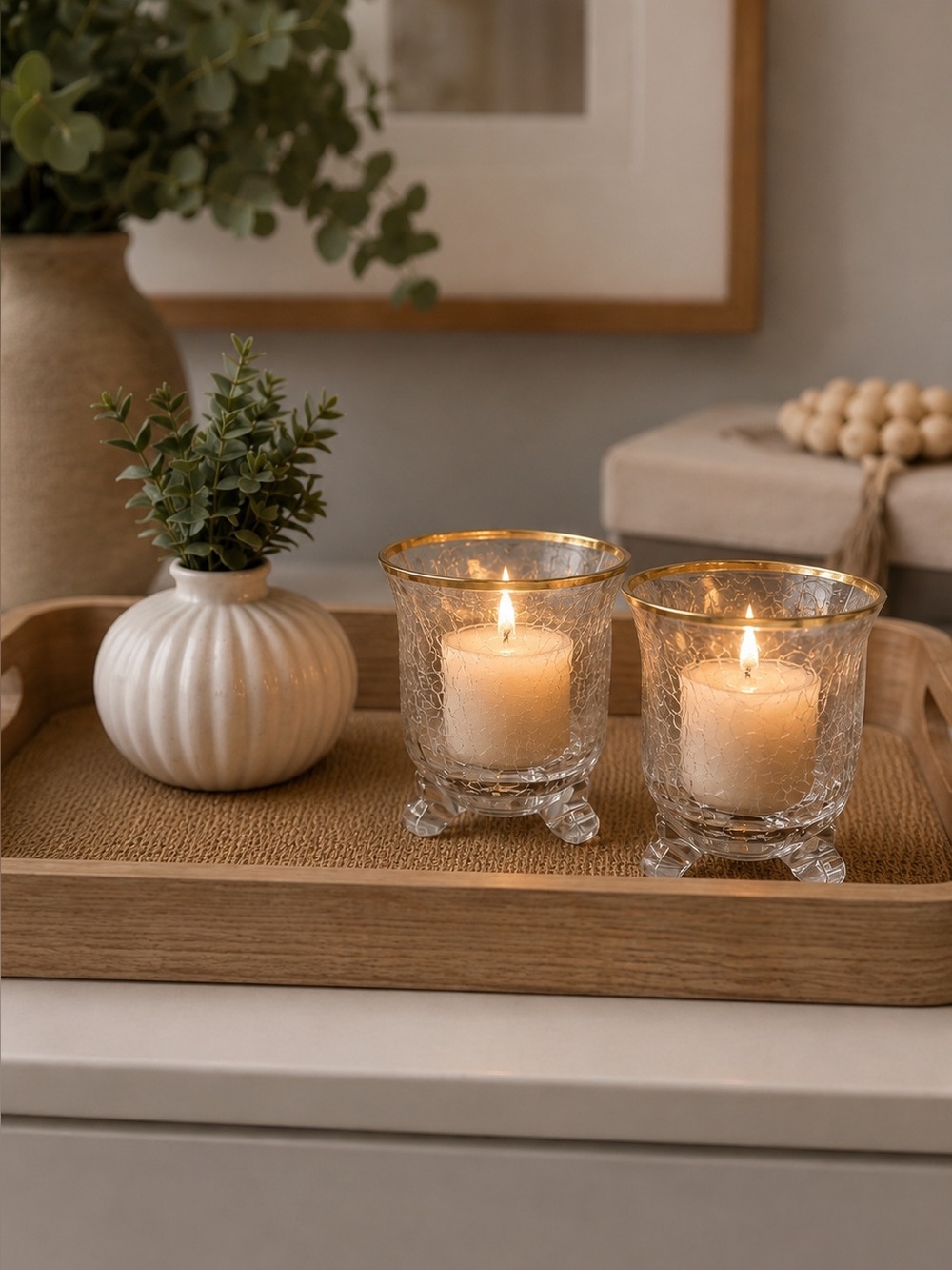 Set of 2 Gold Rim Crackle Glass Votive Candle Holders w/ Feet